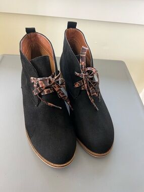 Hey Girl by Corkys Black Suede Ankle Boots with Brown Trim and Printed Laces